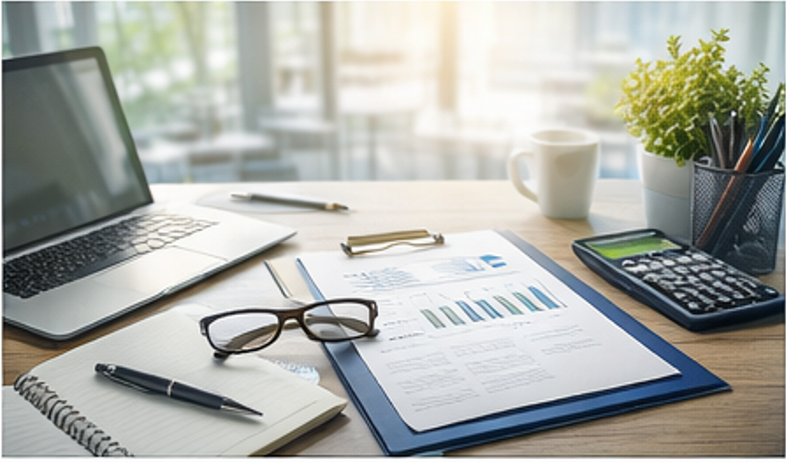 A tidy desk with a laptop, paperwork, and a calculator, representing organized tax work.